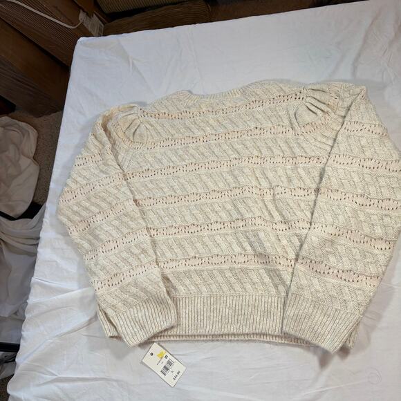 NWT Ophelia Roe women’s cream crew neck puff shoulder pointelle sweater. Size XL - Picture 3 of 9